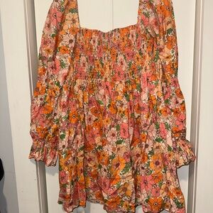 Floral Smocked Women's Dress- Pink and Orange